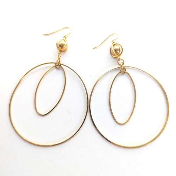 Gold Tone Modernist Geometric Circles Dangle Drop Hoop Earrings - Picture 2 of 3